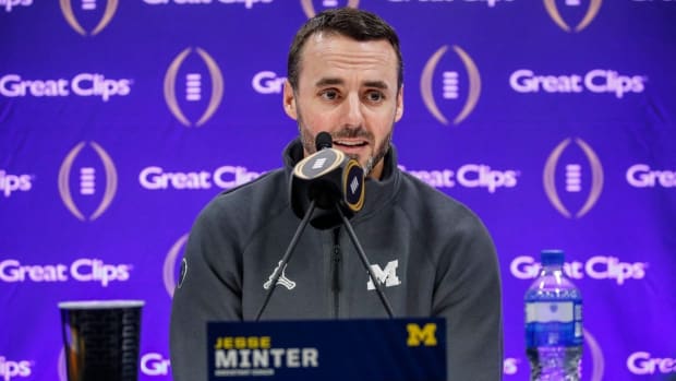 Michigan defensive coordinator Jesse Minter speaks during Media Day at George R. Brown Convention Center in Houston, Texas on Saturday, Jan. 6, 2024.